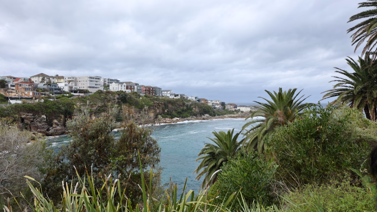 Turquoise water in Gordons Bay framed by palms and sandstone cliffs