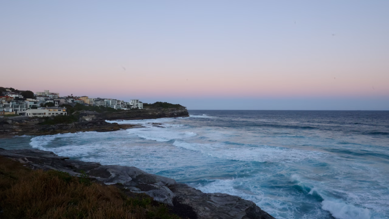 Tamarama Beach seen from the headland between Tamarama and Bronte at dusk